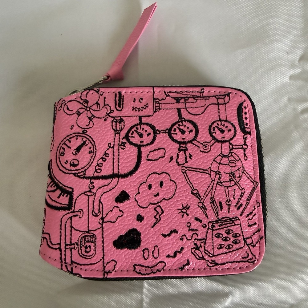 Min & Mon Hot Pink Bifold Zip Around Leather Cardholder Wallet Coin Purse Robots